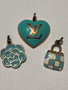 Turquoise Blue Enamel Heart, Blue Camellia Flower & Checkered Bag Charms Set